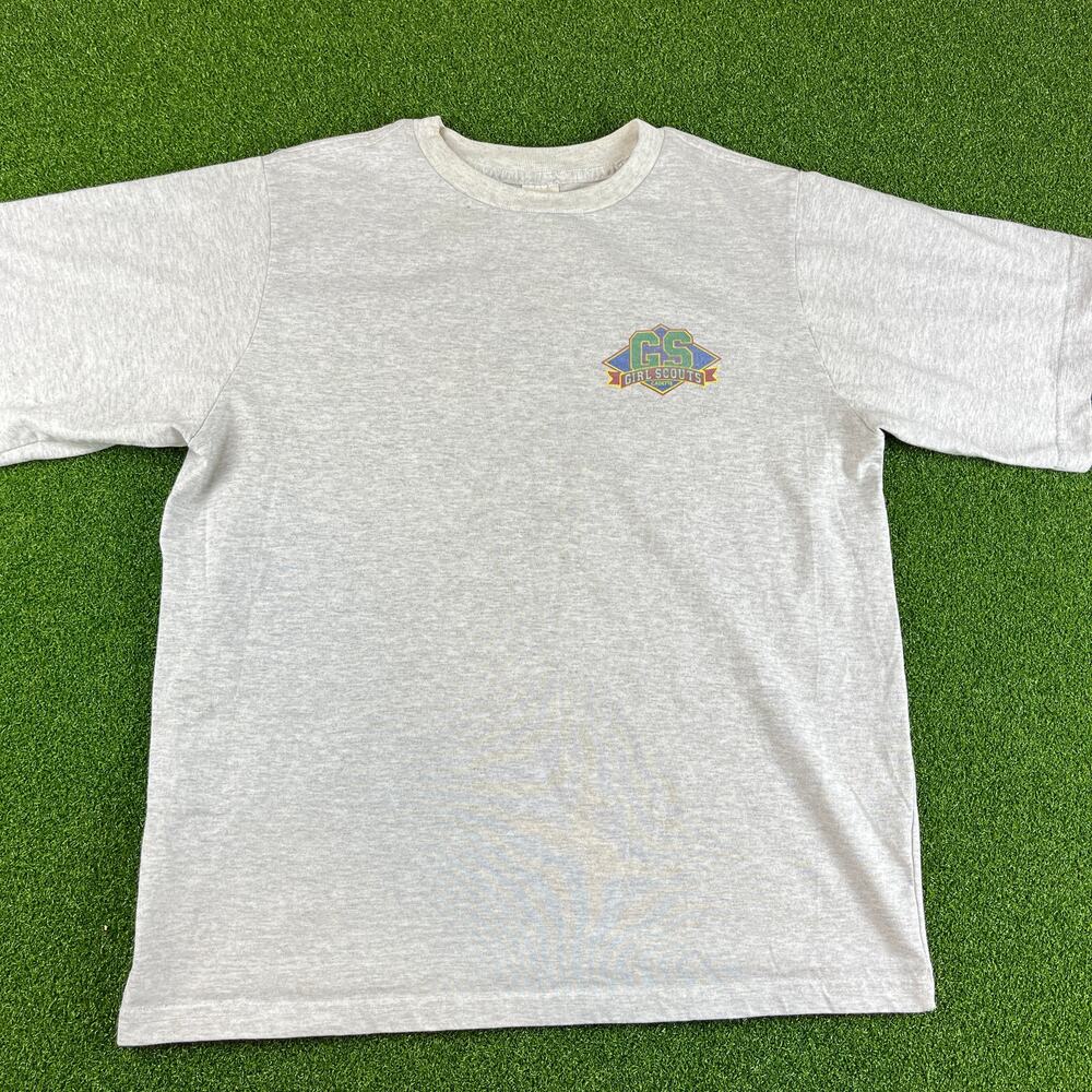 Vintage 90s Girl Scout Cadettes Mens Gray Short Sleeve Crew Neck T-Shirt Sz L